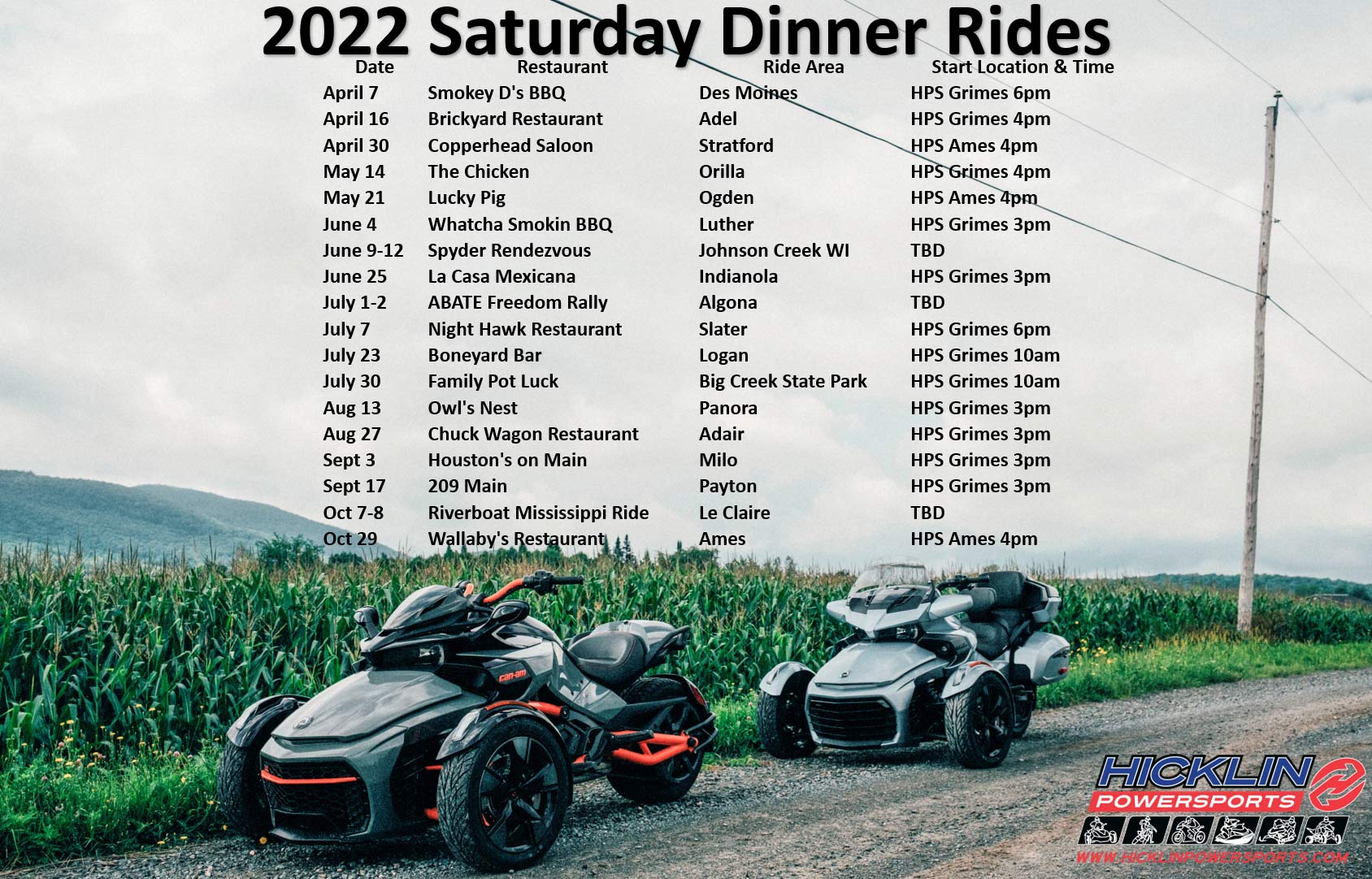 2022 Saturday Dinner Rides Calendar